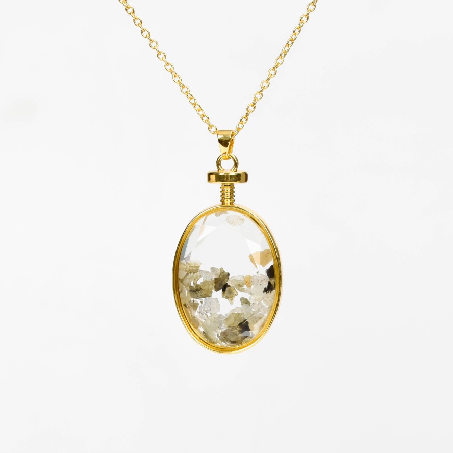 Crystal Chips In Oval Glass Pendant Necklace